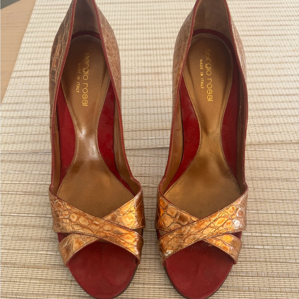 Sergio Rossi Red and Gold Croc-Embossed Heels